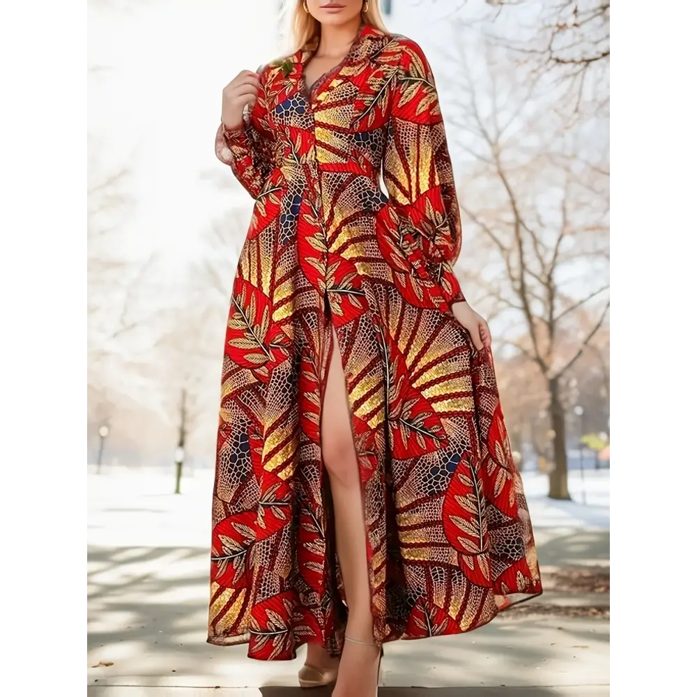 Elegant plus size shirt dress with African democratic tropical tribal print, perfect for holiday party dates.