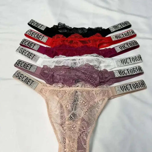 Classic Sheer Lace VS Women's Panties Patterned Fashionable No Show Antibacterial Soft with Rhinestones Women's Underwear Thong - The Lady's Haven